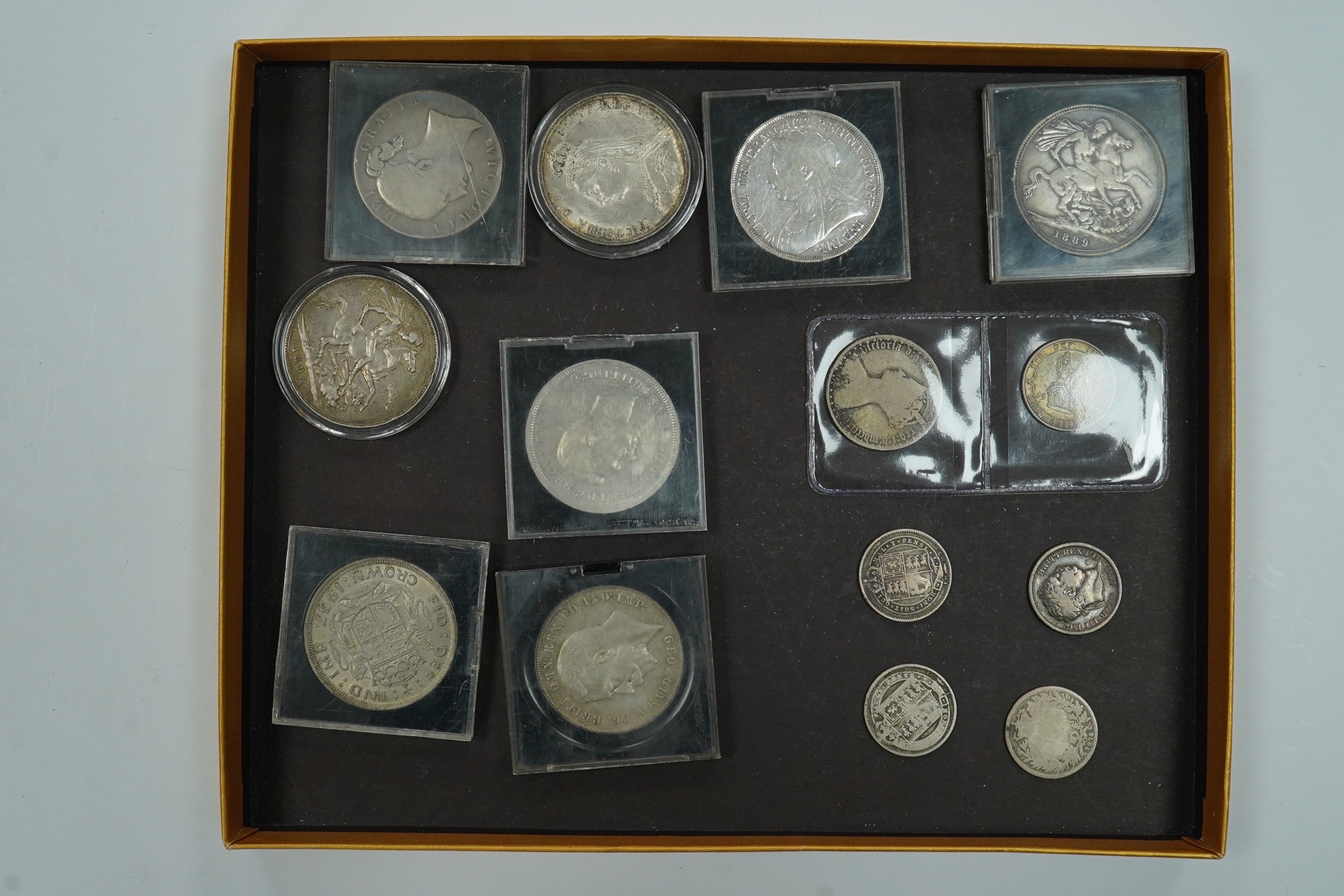 British silver coins, five Victoria crowns, 1844 VG, 1889 about EF, 1889 Fine, 1893 VG, 1895 near VF, 1902 shilling, good VF, four various shillings, 1873 Gothic florin, three later crowns, 1935 about EF, 1937 EF and 195